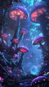 Bioluminescent mushroom forest under saturated cyan-blue night