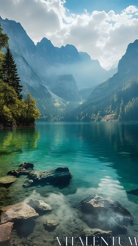 Morning light drifts over a tranquil turquoise mountain lake