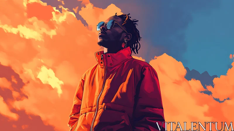 Neon-lit portrait of man in orange jacket under vivid sky.