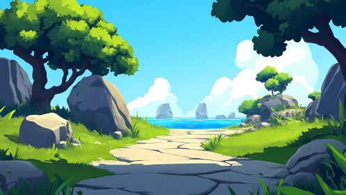 Coastal Landscape with Verdant Trees and Stone Pathway