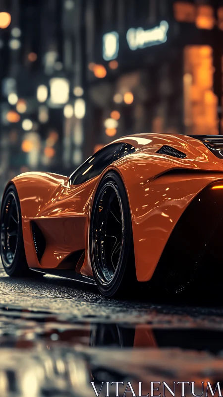 Neon-soaked hypercar prowls wet city streets at midnight.