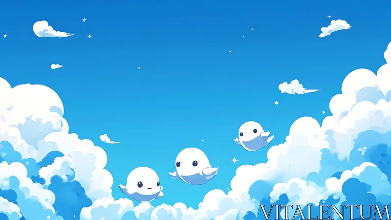 Cartoon cloudscape with three rounded bird-like figures.