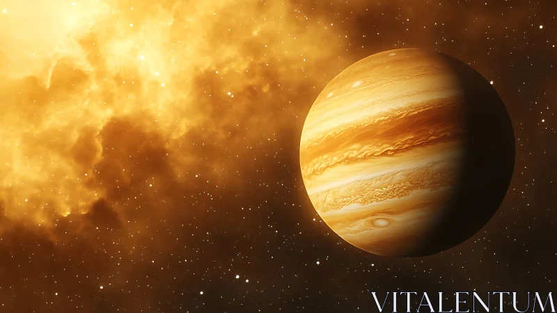 Gas giant planet with luminous nebula in golden space field.