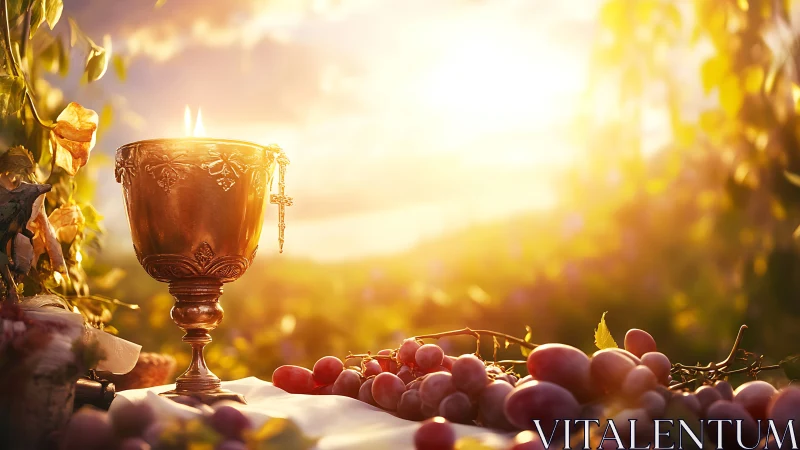 Golden chalice and ripe grapes glowing in soft sunset light.