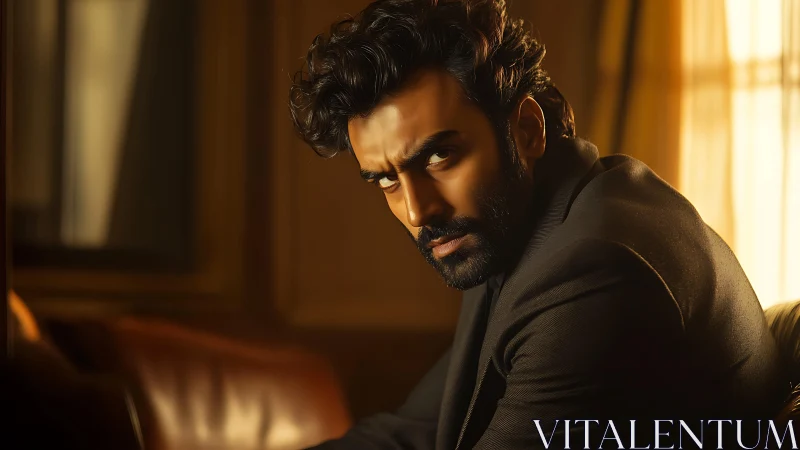 Moody portrait of a thoughtful man in warm golden light