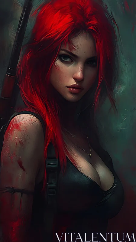 Bloodstained red haired warrior in dark digital portrait.