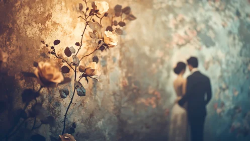 Delicate blooms frame a distant couple in an abandoned space.