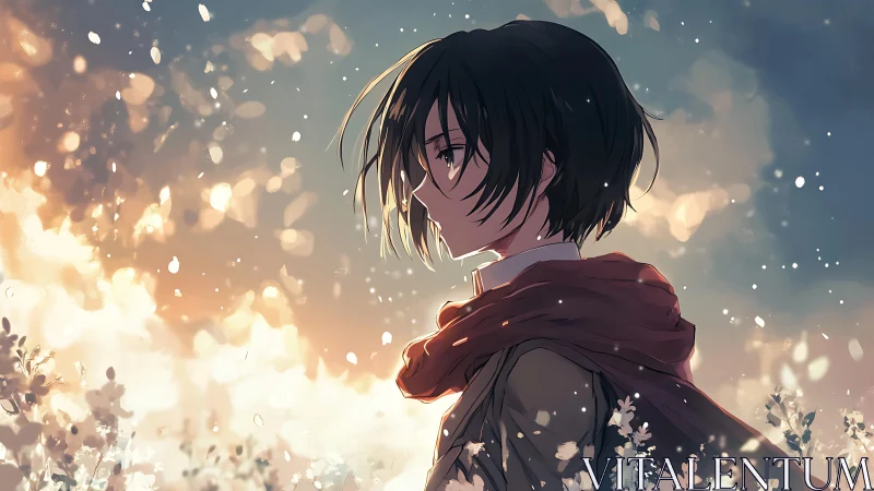 Side profile of anime figure in field at dusk light.