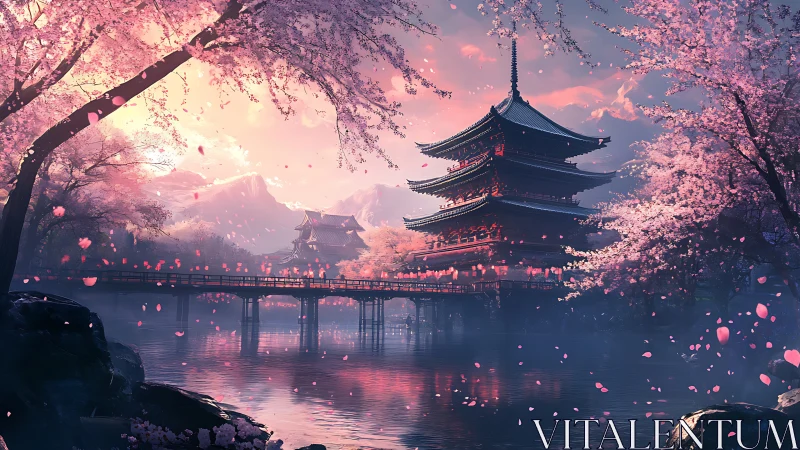 Cherry blossom pagoda glows softly above a tranquil river