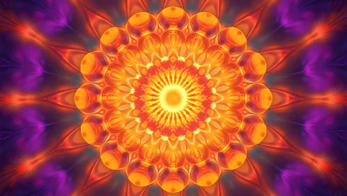 Radial fractal mandala in luminous orange and violet symmetry.