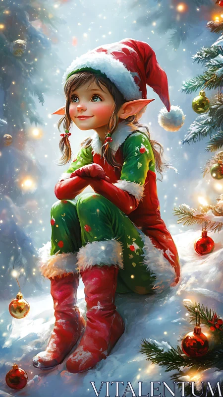 Christmas elf child sits in snowlit forest among ornaments