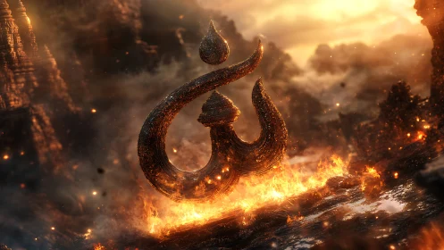 Molten Om symbol rises amid volcanic firestorm.