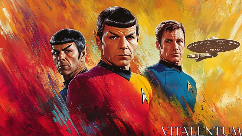 Starfleet officers and starship against abstract color field.