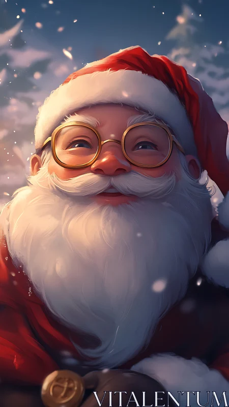 Snowflakes crown a rosy-cheeked Santa in soft twilight