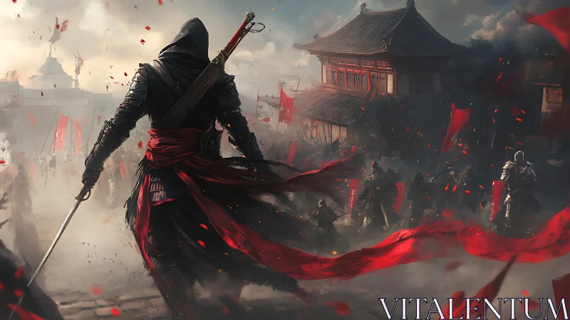 Hooded warrior strides through crimson banners and rising warfog.