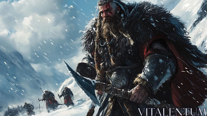 Stoic winter warrior leading brave companions through snow.