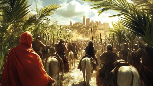 Mounted medieval force advances through palms toward fortress