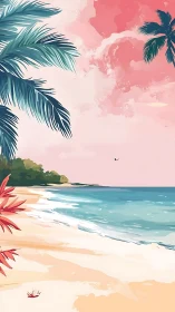 Tropical Beach Serenity: Palm Fronds, Turquoise Waves, Pink Watercolor Sky