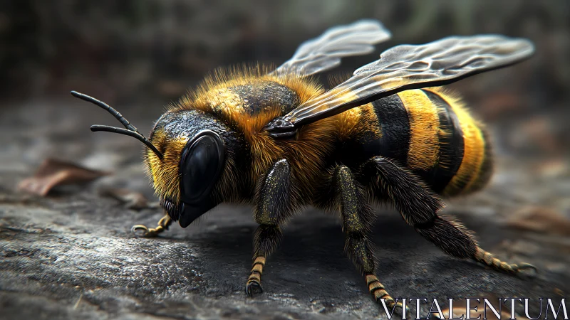 Gentle honeybee pausing on a sunlit path in quiet focus.