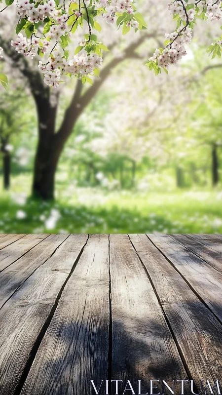 Rustic wooden deck under soft focus spring blossom trees.