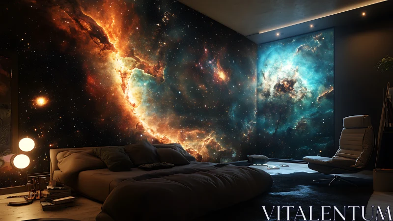 Cosmic nebula mural transforms a modern bedroom retreat.