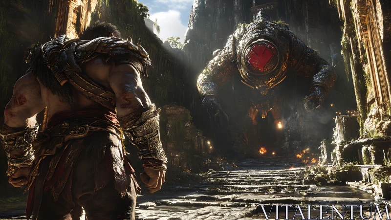 Warrior confronts colossal golem in ruined sunlit temple