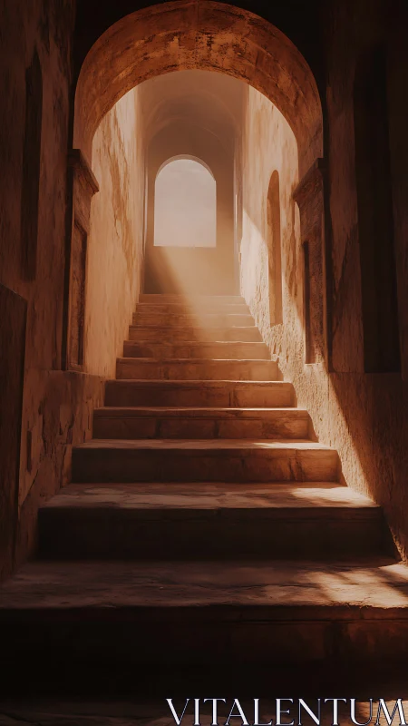 Sunlit stone staircase ascends through a quiet ancient archway