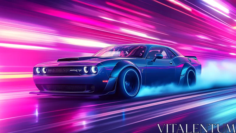 Neon muscle car charges through hyperbright cyber highway.