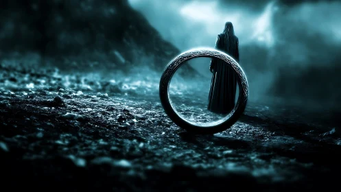 Cinematic fantasy ring tableau with cloaked figure in mist.