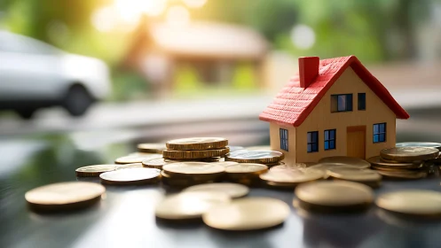 Tiny red-roofed house guards a golden coin horizon.