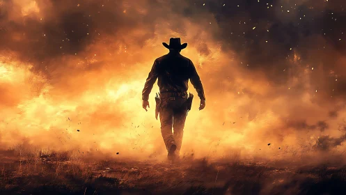 Lone cowboy silhouette striding through blazing inferno.