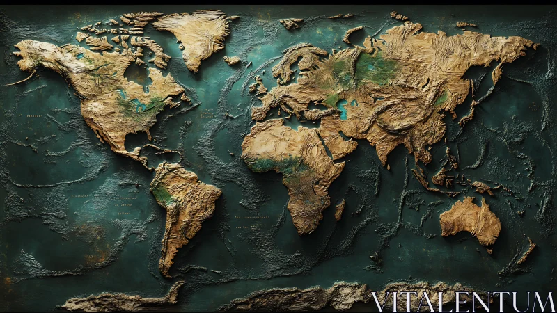Textured world map relief with sculpted topography.