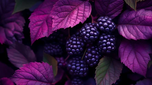 Midnight blackberries nestled in dreamy violet leaves.
