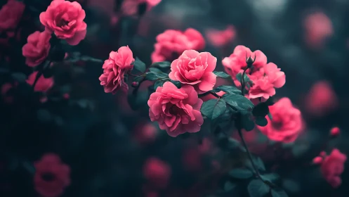 Pink garden roses with dark foliage and selective focus depth.