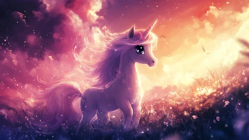 Unicorn in glowing meadow under vivid sunset sky.