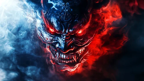 Bifurcated demonic mask rendered in high-contrast red and blue flame