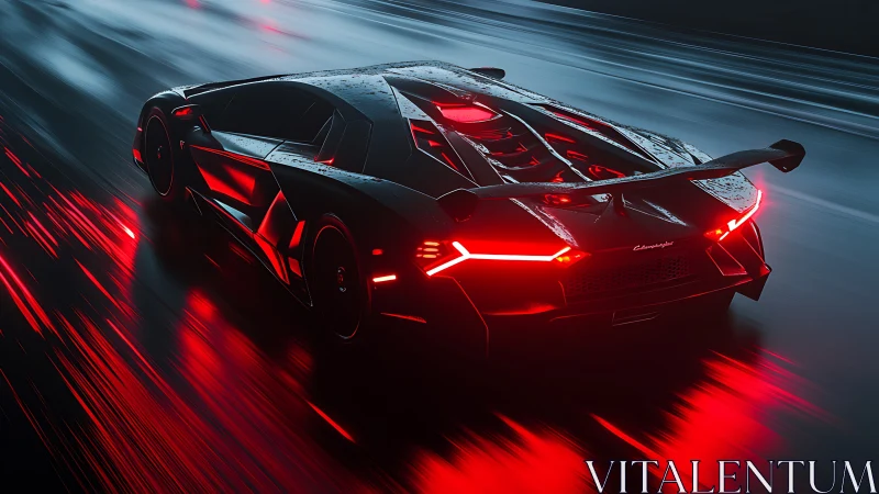 Night racing supercar blazes ahead in glowing red light