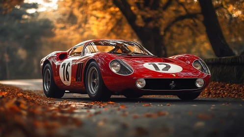 Classic red race car glides through autumn forest road