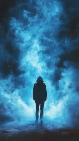 Lone hooded wanderer steps into a swirling blue portal light