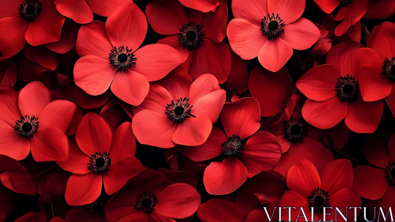 Vibrant Red Anemones with Striking Black Centers Densely Clustered