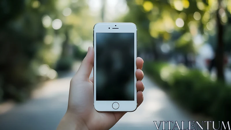 White iPhone held in hand with blurred natural background and shallow depth field