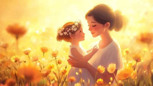 Sunlit mother and child embrace in golden flower field.