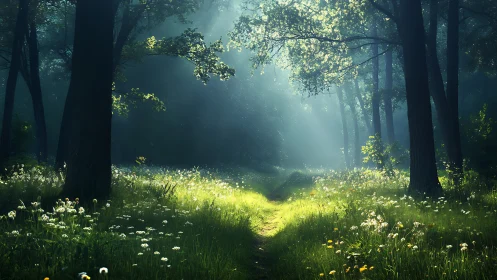 Sunlit Forest Path with Wildflowers in Dreamy Morning Light.