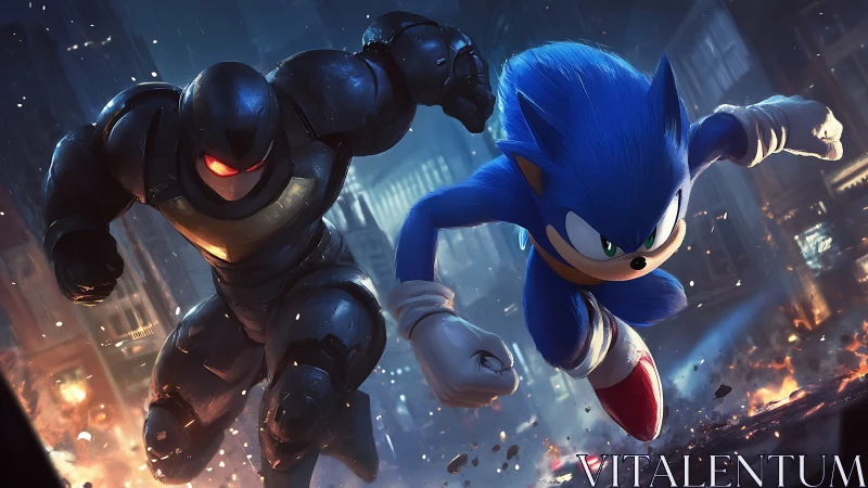 Dynamic chase scene in neon-lit city, digital painting style.