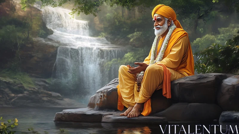 Riverbank sage listening to waterfalls in forest hush.