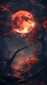 Blood-red full moon illuminates dark forest path at night