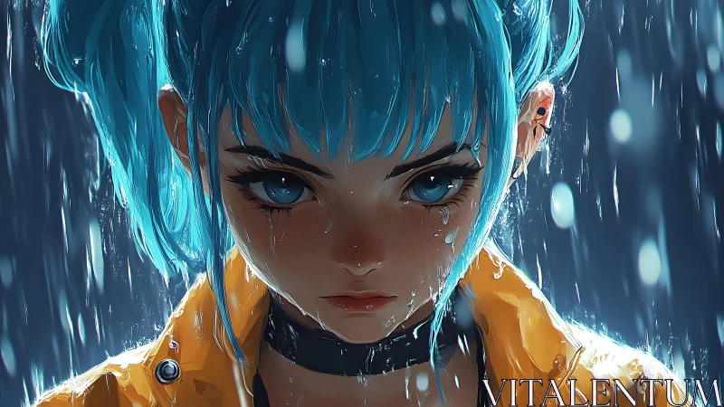 Storm-bright gaze of a girl with electric blue hair in rain.