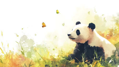 Watercolor panda cub watching butterflies in meadow.