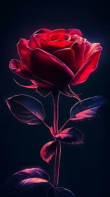 Red rose rendered with neon luminescence against dark background.