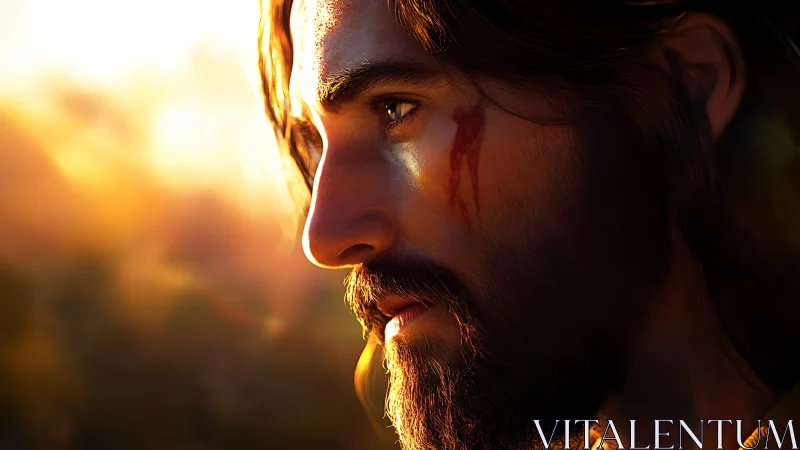 Wounded man’s contemplative profile in golden sunset light.